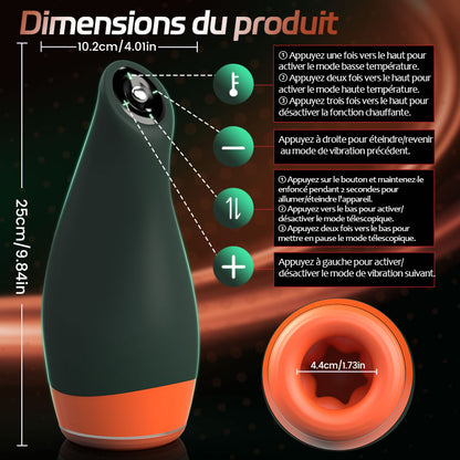 Warming - Masturbateur masculin 2-en-1 avec vibration et télescopage simulant la température de la cavité buccale